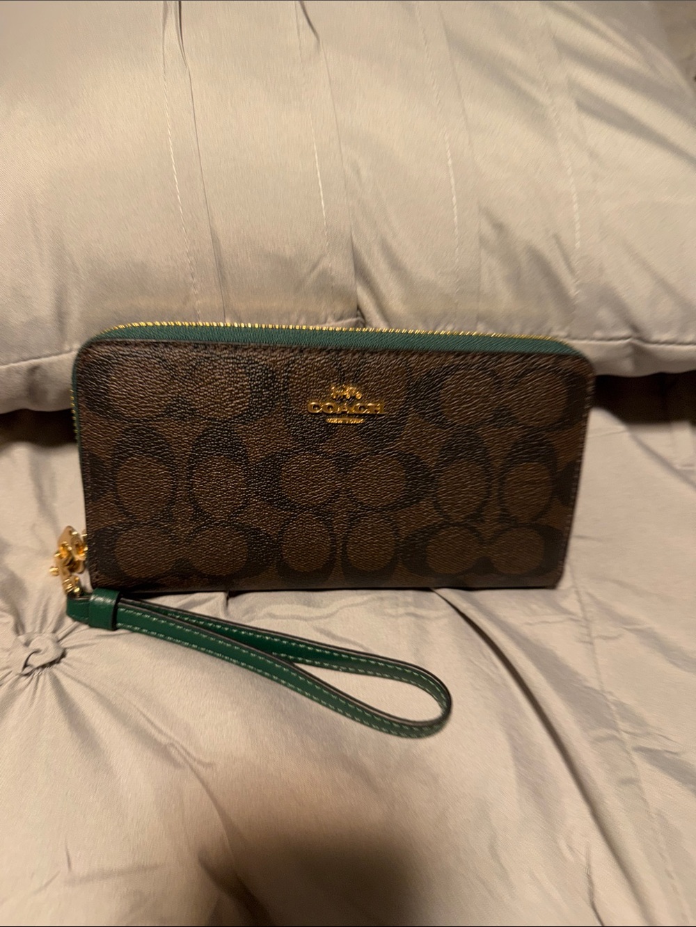 Coach Brown Signature Zip Wristlet with Green Trim